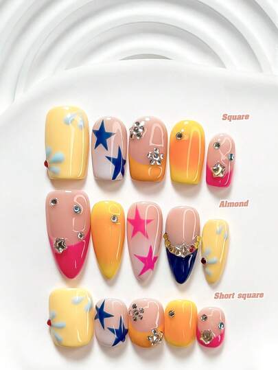 10pcs Millennium Style Handmade Nail Art Set, Including Gel Nail Kit, Hand-Painted Green Cat Eye Apple, Blue Starry, Light Pink Pentagram Nail Decorations, Hand-Painted Blue Polka Dots, White Nail Polish, Comes With Nail Tools (1 Jelly Sticker + 1 Nail File). Provides 3 Sizes: Square, Short Rectangle, Almond Shape Nails.