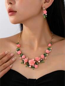 3 Pieceselegant Luxurious Alloy Enamel 3D Flower Necklace And Earring Set For Women, Suitable For Banquets And Dinners, Fashionable And Versatile - Enamel Flower Necklace and Earrings Set - View 5