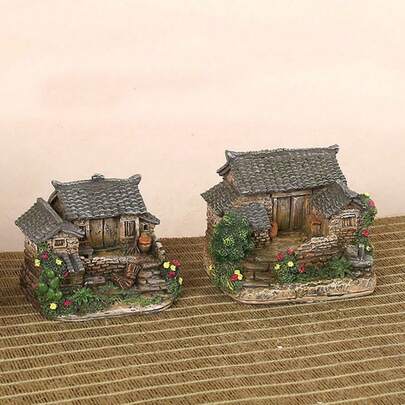 1件中式微缩房屋摆件，建筑模型，禅意花园景观模型，新款中式复古微缩房屋摆件，客厅、走廊、书房、茶几家居装饰，创意工艺品，搭配假山和水盆景观，室内微景观摆件，复古软装，乡村风格微缩房屋，精致树脂工艺品