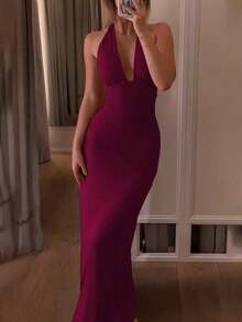 Women's Solid Color Tie-Up Backless Spaghetti Strap Ruched Long Dress, Sexy & Elegant Party Evening Gown - 酒紅色 - 查看 13