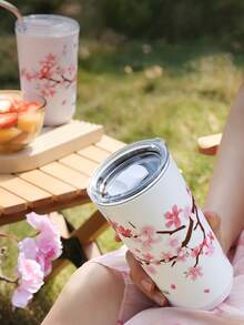 1pc Women's Sakura Flower Insulated Tumbler With Lid, Pink Floral Pattern, Double-Wall Vacuum Design, Suitable For Carrying Hot Drinks Like Coffee And Tea Outdoors, Travel Coffee/Tea Cup, Gift For Women, Family, Friends - Multicolor - View 5