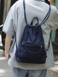 1 chiếc balo denim màu xanh đậm, dây rút, dung tích lớn, nhiều ngăn, khóa kéo, kiểu dáng thường ngày dành cho nam giới và đi làm. - Nhiều màu - Xem 7