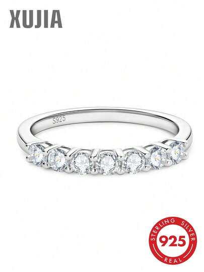 XUJIA 1개 3mm*7개 라운드 컷 모이사나이트 925 스털링 실버 여성용 웨딩 링, 패셔너블한 스택형 기념일/생일 선물