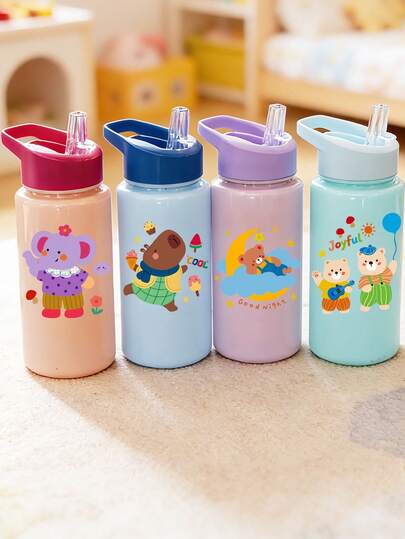 1pc 500ml (17oz) Children's Plastic Water Bottle With Cute Bear, Elephant, Capybara Patterns, Straw Cup, Best Gift For Girls And Boys For Back To School Or Graduation, Outdoor Sports Water Bottle, Cartoon Cup For Campus Students