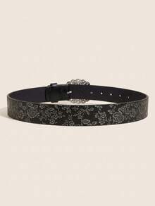 1pc Vintage Floral Pattern Rhinestone Buckle Western Style Embossed Black PU Leather Belt For Women, Suitable For Daily Wear - Black - View 5