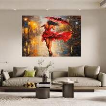 Con marco 1 Pieza de Arte en Lienzo "Mujer con Vestido Rojo Caminando bajo la Lluvia" - Pintura Urbana Nocturna, Cuadro Moderno Enmarcado, Listo para Colgar, Alta Calidad y Colores Vibrantes para Sala, Dormitorio u Oficina, Decoración Elegante, Diseño Interior, Impresión de Alta Calidad, Obra Decorativa - Enmarcado - Ver 1