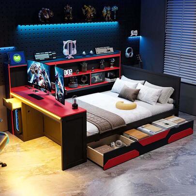 MERAX Full Size Gaming Daybed With Integrated Desk And Lights, Modern Wooden Bed Frame With 3 Storage Drawers And Built-In Charging Station, Multi-Functional Headboard Bookcase, Black+Red