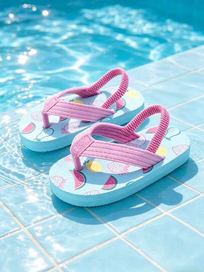 1 đôi dép xỏ ngón in hình dưa hấu và dâu tây cho bé gái, màu xanh dương, kiểu dáng nhẹ nhàng, đế bằng, thích hợp cho mùa hè, đi biển, trong nhà và ngoài trời (mẫu ngẫu nhiên)