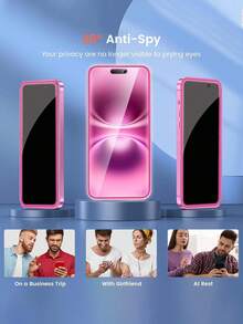 2片裝玫瑰粉發光防窺鋼化玻璃螢幕保護貼，適用於 iPhone 16 | 氣墊設計，易於安裝，發光效果，兼容手機殼，防窺防刮膜 | 兼容 17 Pro Max/17 Pro/17 Air/17/16 Pro Max/16 Pro/16 Plus/16/15 Pro Max/15 Pro/15 Plus/15/14/13/12 | 春季假期日常辦公手機配件禮物 - 黑色 - 查看 4