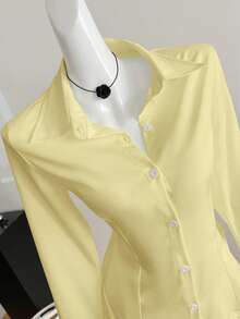 Women's Spring/Autumn New Slim Fit Long Sleeve Collared Button-Up Shirt, Minimalist Fashion Elegant Casual Essential - Yellow - View 8
