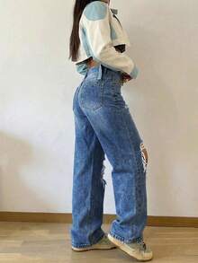 女款復古寬鬆堆疊直筒牛仔褲休閒秋季款 - 深色水洗藍 - 查看 4