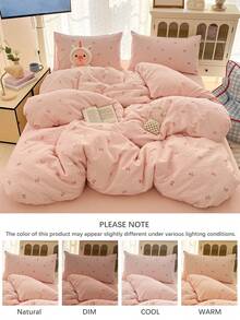 2/3pcs Set Pink Bow & Plaid Pattern, Super Soft, Student Style, Sweet & Cute, Suitable For Students, Boys & Girls, Dorm Decor, Washed Matte Duvet Cover & Pillowcase Set, Spring/Summer, Available In Twin, Full, Queen Sizes - Watermelon Pink - View 6