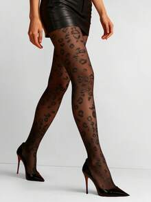 1 Pair Ultra-Thin Shiny Leopard Print Tights, Plus Size Shaping Pantyhose, Perfect For Pairing With Dresses And Various Holiday Occasions, Suitable For Fashion Enthusiasts, Ideal For Daily Wear, Shopping, Dating And Everyday Outfits - Black - View 2