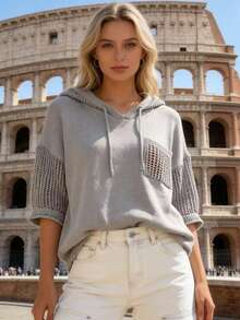 女士休闲针织连帽衫，宽松短袖，钩针编织，落肩设计 - 灰色 - 查看 6