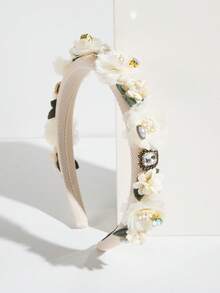 1件优雅春日色彩花朵发箍，韩式水钻雪纺山茶花发圈，适合夏季女士佩戴旅行配饰发带头饰 - 米色 - 查看 4