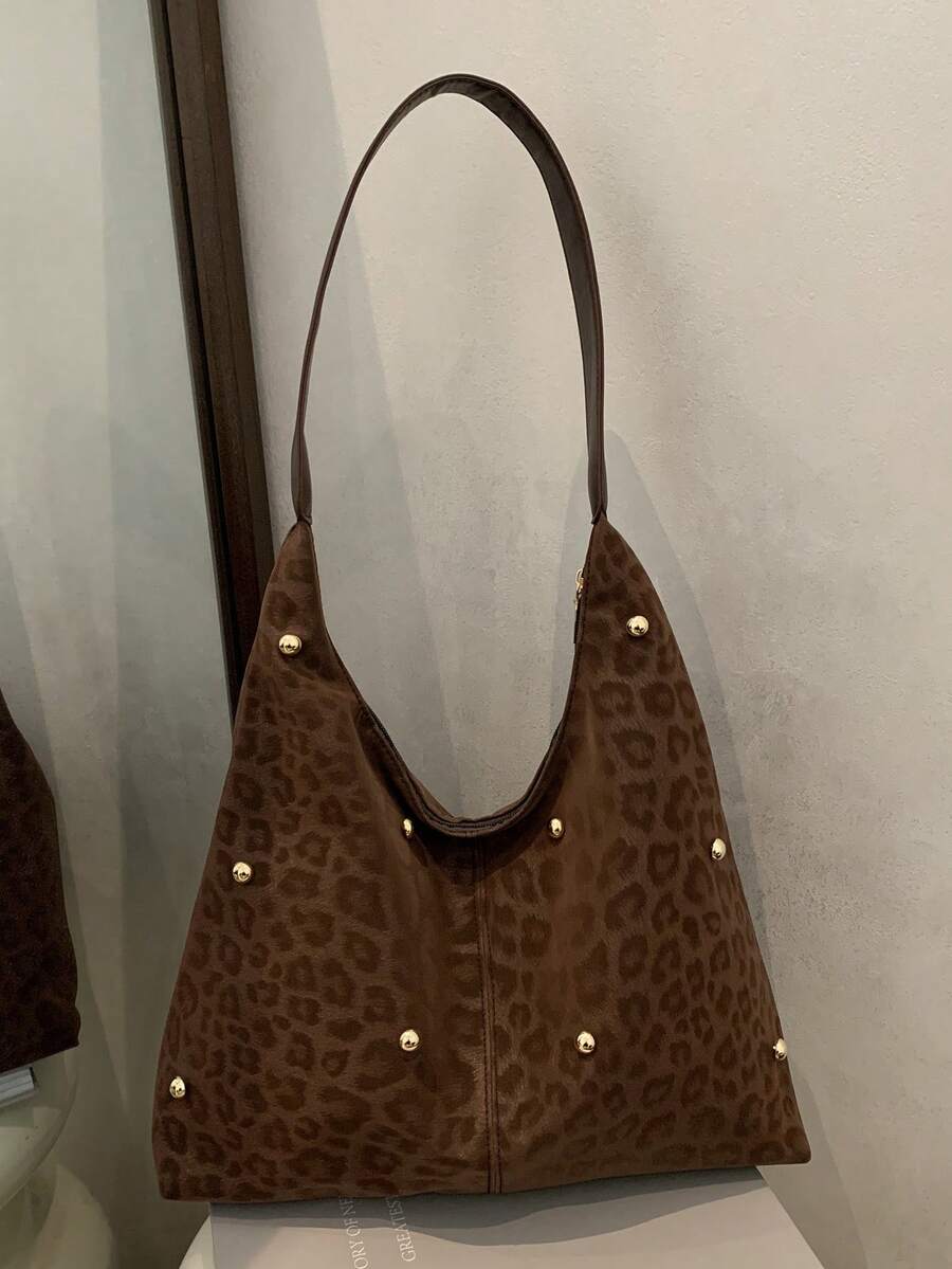 2025 Fashion Matte Solid Color Punk Rivet Commuter Tote Bag, Minimalist Niche Underarm Bag, Large Capacity Shoulder Bag - Brown - View 1