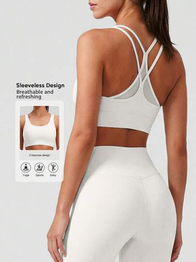 Sodalemon Áo tank top yoga nữ màu trơn, kiểu dáng racerback, thiết kế phối lưới chéo eo, áo ngực thể thao tập luyện.