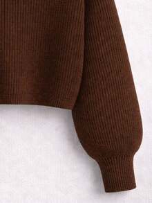 Women's Brown Knit Cropped High Neck Sweater With Off-The-Shoulder Design For Winter - 鏽棕色 - 查看 3
