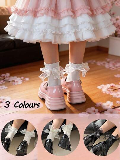 OU LIAN NIAO Bộ 3 đôi tất Lolita dài đến bắp chân, cổ tất họa tiết sóng, chất liệu dệt thoáng khí, kiểu Lolita phù hợp mọi mùa, hoàn hảo cho các bữa tiệc - bộ đồ dễ thương, thích hợp để phối đồ hàng ngày, mặc ở nhà và làm quà tặng ngày lễ.