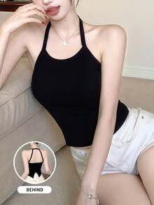 女士黑色露背吊带背心，夏季穿着，带胸垫，无袖 - 黑色 - 查看 3