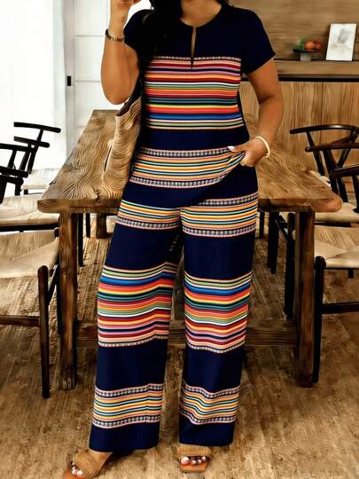 Plus Size Women's 2 Piece Outfits, Notch Neck Short Sleeve Top & Straight Leg Pants Set, Colorful Stripe Border Print, Side Pockets, Casual Loungewear For Home Commute Vacation, Daily Wear, Suitable For Vacation Commute Home Daily Outfit