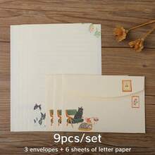 9 piezas de papel de carta estilo chino con diseño adorable de gatos, sobres occidentales exquisitos y adorables - Rectángulo - Ver 9