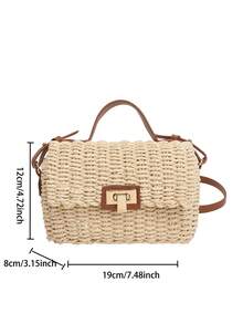 手工编织草编迷你翻盖手提包 - 优雅夏季海滩度假单肩包，轻便时尚，适合休闲外出，草编钱包，复古个性化手提包，旅行、海滩适用，可装手机、硬币、钥匙等。 - 米色 - 查看 11