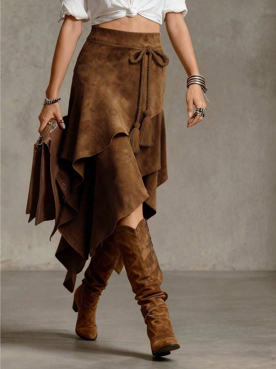 Falda casual elegante de unicolor con nudo en la cintura y estilo asimétrico, estilo europeo y americano para mujer - Marrón oscuro - Ver 1