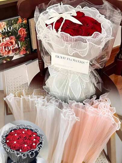 1张波浪雪纺包装纸，珍珠网纱丝带，人造花束包装材料，适用于节日、婚礼、生日装饰、花店用品、DIY插花包装和装饰