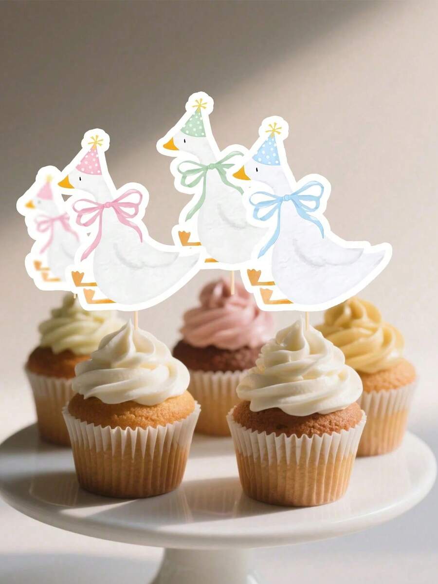 10/20 unidades de toppers de cupcake com desenho de ganso engraçado, decoração de bolo de aniversário faça você mesmo, decoração de festa com tema de ganso, artigos para festa de aniversário e chá de bebê para meninas e meninos (rosa/azul/verde opcional) - Multicolorido - Ver 1