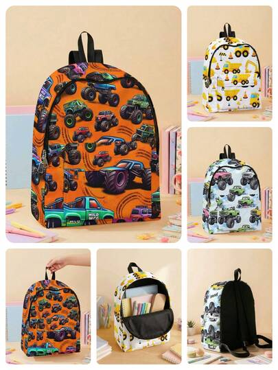 1pc Cartoon Car Print Multi-Pocket Backpack, Large Capacity, Durable, Versatile, High-Quality, Zipper Closure, Suitable For Boys And Girls, Great For School And Outdoor Activities