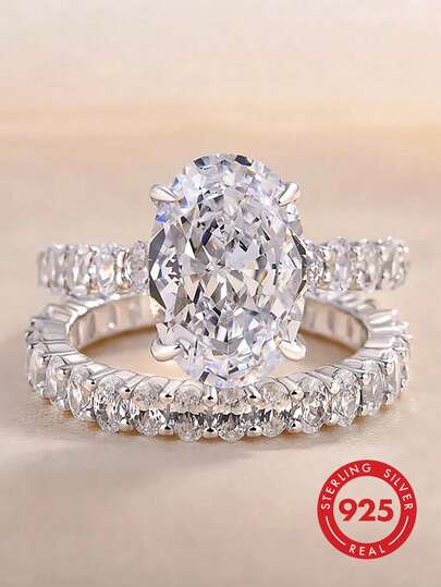 两件套奢华椭圆形戒指，女士珠宝，925纯银，闪亮迷人的订婚戒指，精致珠宝，适合婚礼、晚宴和其他场合