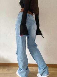 Women's Casual Loose Fit Ripped Straight Leg Stacked Jeans - Light Wash - View 5