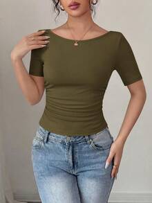 PRETTYGARDEN Womens Summer Short Sleeve Tops Boat Neck Ribbed Knit Slim Fit T Shirt Casual Basic Top Y2K Clothes - 軍綠 - 查看 3