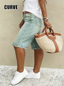 Quần short Bermuda denim nữ cỡ lớn phong cách retro thường ngày - Rửa tối - Xem 3