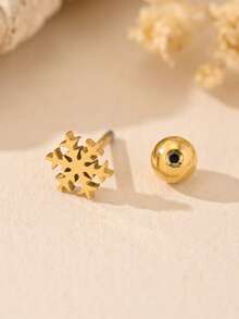 1pc Hollow Snowflake Stainless Steel Minimalist Fashion Versatile Ear Stud Earring, Straight Bar Round Ball Threaded Daily Wear For Women - Gold - View 4