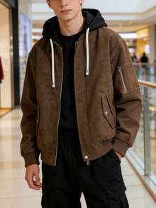 Áo khoác da nam dáng rộng có mũ dành cho người đi xe máy, thiết kế mới mùa Thu/Đông. - Cà phê nâu - Xem 6