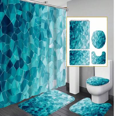 1/3/4 Set Gradient Sky Blue Ice Crack Cool Mosaic Bathroom Shower Curtain Set; Modern Light Luxury Style, Waterproof And Wear-Resistant; 72*72 Inches, Equipped With 12 Hooks, Also Includes U-Shaped Toilet Seat Cover, Bathroom Non-Slip Floor Mat And Carpet; Made Of High-Quality Polyester Fabric