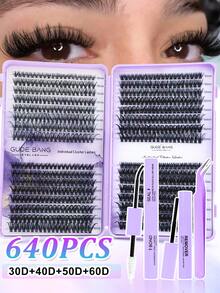 640 piezas Kit de extensión de pestañas, incluye (30D+40D+50D+60D) Juego completo de pestañas, pegamento, desmaquillante y herramientas, extensión de pestañas profesional fácil de hacer en casa - Usa pestañas de visón falso, adhesivo fuerte, desmaquillante y herramientas precisas para resultados de calidad de salón, juego completo de extensión de pestañas DIY - Multicolor - Ver 9