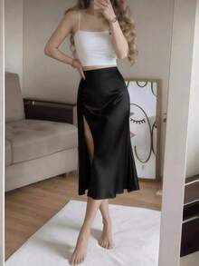 White Satin High Slit Button-Up Skirt, French Elegant A-Line Skirt Spring - 黑色 - 查看 3