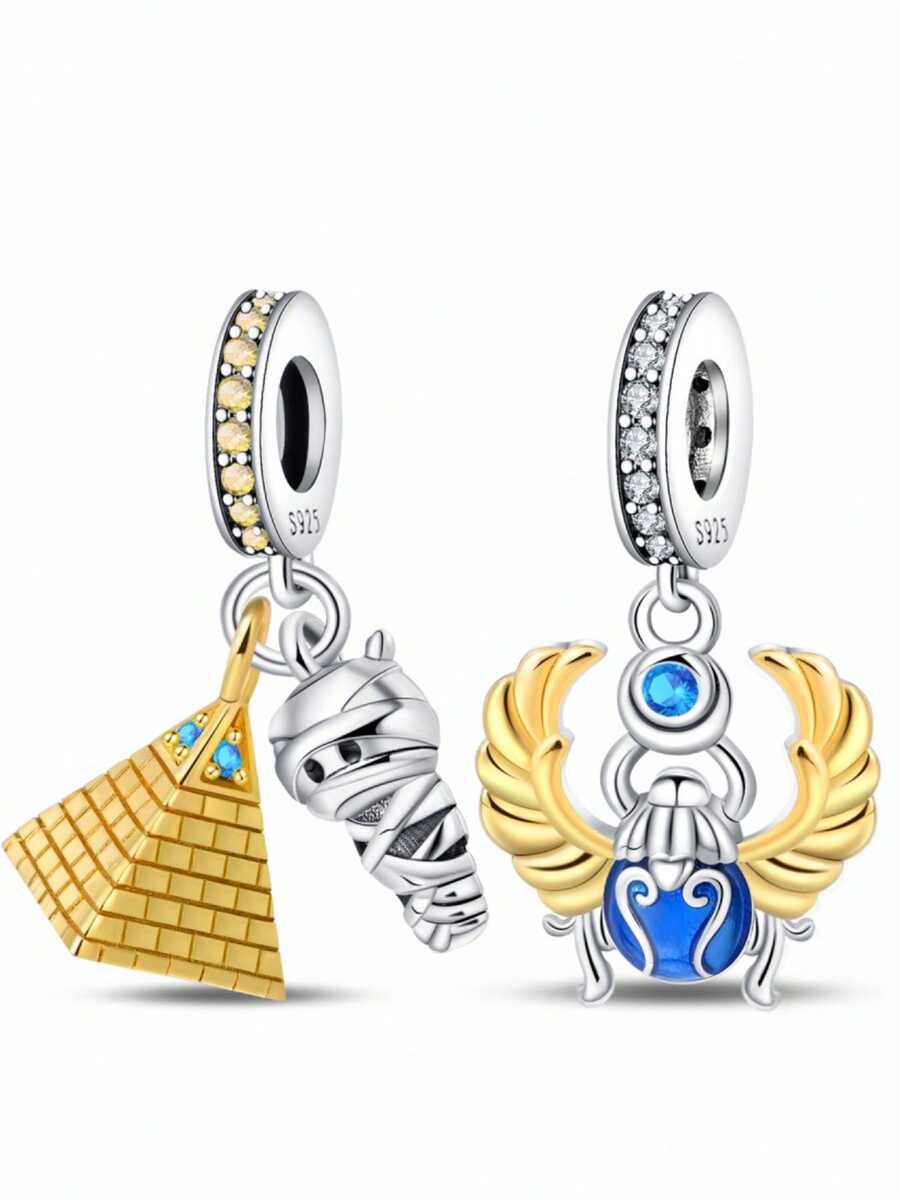 925 Sterling Silver Egypt Charm, Pyramid Mummy Scarab Dangle Beads, Fit Bracelet, Vintage CZ Paved Charms For Women/Girls - Multicolor - View 1