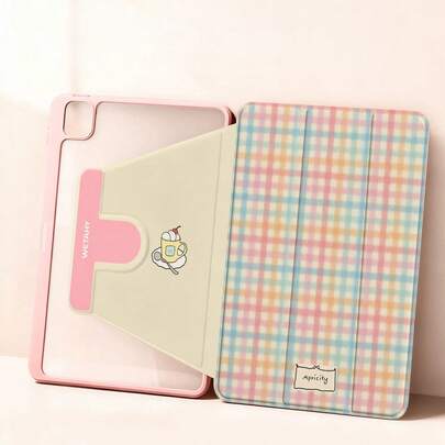 1 chiếc ốp lưng trong suốt hình kem hoạt hình kẻ caro, xoay 360°, có chân đế đa góc, khe cắm bút, chống cong vênh, chống rơi, tự động bật màn hình, phù hợp với iPad thế hệ thứ 10 / Air 4/5/Pro 11" / 9/8/7, ốp bảo vệ máy tính bảng nữ tính, mềm mại dành cho bé gái