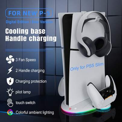 All-In-One P5 Slim Cooling Stand With Dual Controller Charger, 3-Speed Turbo Cooling Fan, 9 RGB Lighting Modes, Headset Hook, Compatible With P5 Slim Disc/Digital Edition
