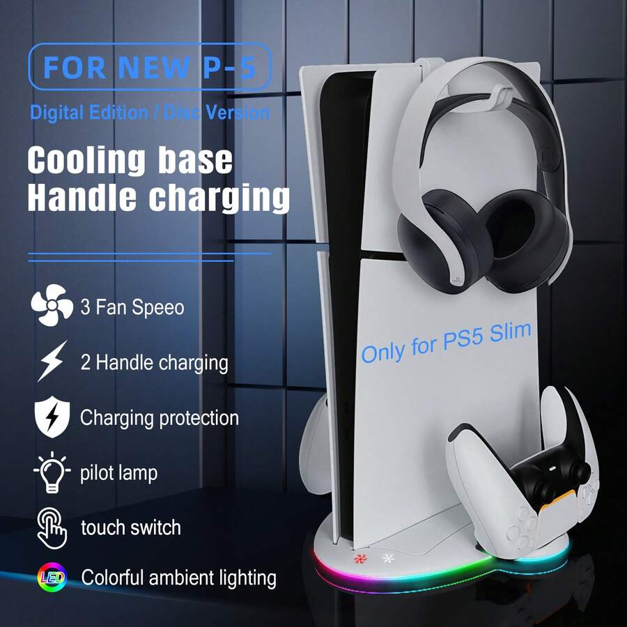 All-In-One P5 Slim Cooling Stand With Dual Controller Charger, 3-Speed Turbo Cooling Fan, 9 RGB Lighting Modes, Headset Hook, Compatible With P5 Slim Disc/Digital Edition