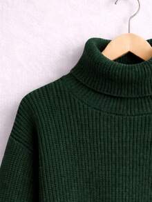 Women's Dark Green Cropped Sweater With Thick Knit, High Neck, Off-Shoulder, And Turtleneck Style For Winter - Dark Green - View 2