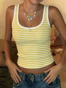 Áo tank top không tay kẻ sọc phối màu Vaiaye dành cho nữ, áo hai dây cổ tròn dệt kim cho mùa hè, áo thun hở lưng gợi cảm cho kỳ nghỉ lễ Ngày Thánh Patrick, phù hợp để đi làm hàng ngày. - Sọc vàng và trắng - Xem 10