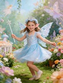 4/1 Stück - Blaues Eisprinzessin Blumenfee Party Kostüm Set - Elegante Blumenkrone Prinzessin Haarreif für Kinder, Mädchen Strass Haarreif Geburtstag Hochzeit Haaraccessoires, Mädchen Fee Set, inklusive blaue Blumenkrone Haaraccessoires, blaue Schmetterlingsflügel, Zauberstab und Elfenohren, Gender Reveal Babyparty, Babyparty Dekorationszubehör - Verschiedenfarbig - Übersicht 5