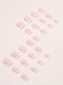 24片甜美粉色短款假指甲，纯白色法式美甲贴片，附赠1瓶果冻胶和1把指甲锉，按压式美甲用品 - 白色 - 查看 4