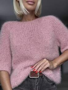 粉色马海毛混纺亮片针织衫，宽松露肩圆领短袖，适合春夏派对、毕业典礼等场合，休闲优雅风格。 - 粉色 - 查看 4