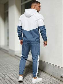 1 Set Men's Colorblock Hooded Sports Outfit, Letter N Print Zip-Up Jacket And Joggers, 2-Piece Casual Sportswear Set - Blue - View 2